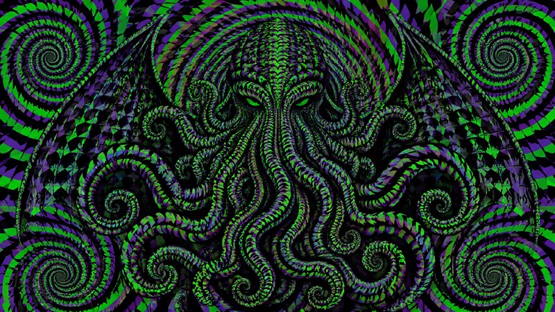 Psychedelic fractal Cthulhu illustration surrounded by swirling green and purple hypnotic spiral ...
