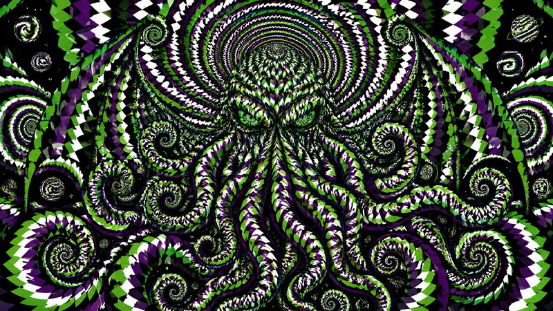 Psychedelic recursive fractal art of a cosmic Cthulhu octopus entity with swirling spiral tentacles