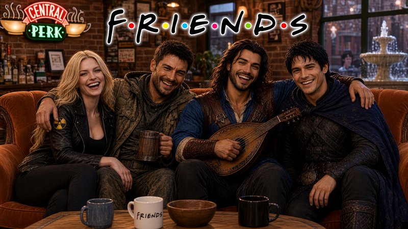 Four fantasy-themed characters laugh together on the iconic Central Perk couch under the Friends ...