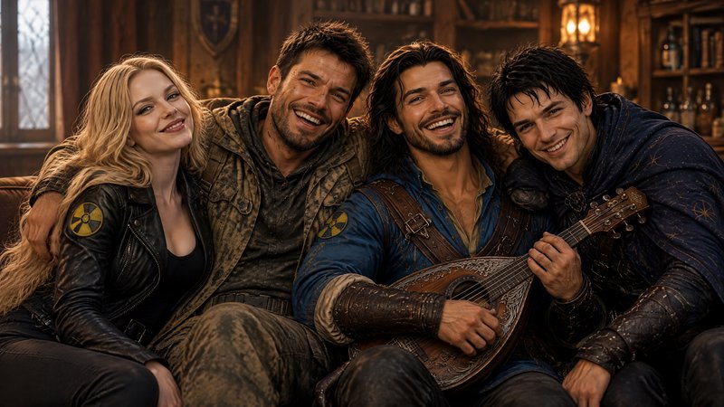 Four smiling fantasy adventurers sit closely together in a cozy wooden tavern, one holding an orn...