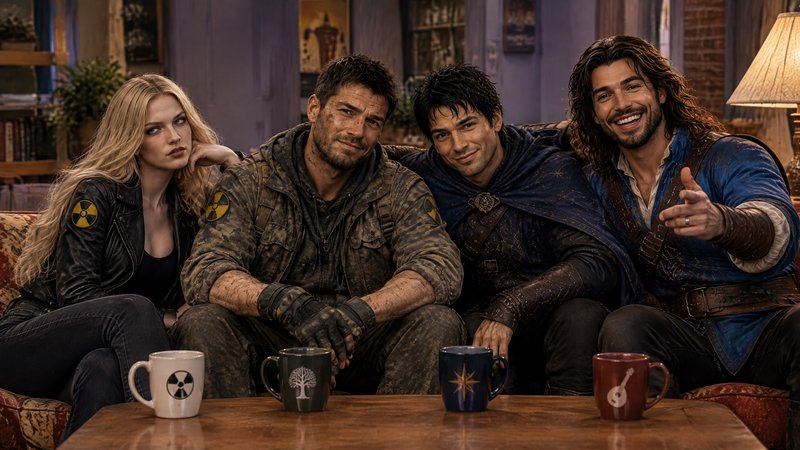 Fandom crossover group of four genre characters sit on the iconic Friends apartment couch with th...