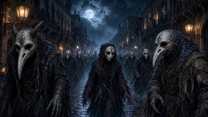 Procession of plague doctor masked figures marching down a misty moonlit old cobblestone city street