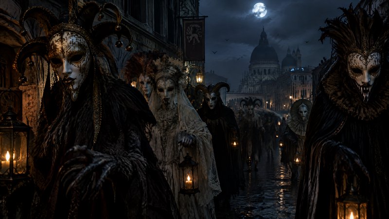Eerie masked carnival procession carrying lanterns walks down a moonlit wet Venetian street at night