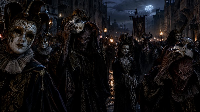 Demons peel off ornate masquerade masks during a cursed Venetian carnival procession under a full moon
