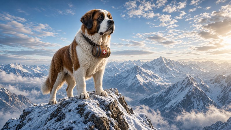 Saint Bernard rescue dog with a Swiss cross barrel stands on a snowy alpine mountain peak at sunrise
