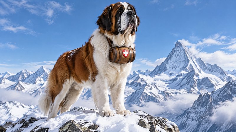 Saint Bernard rescue dog wearing a branded barrel stands on a snowy alpine peak
