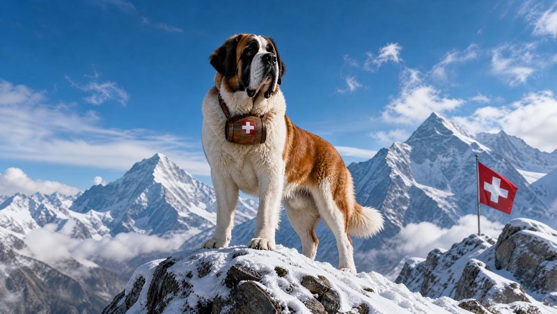 Saint Bernard rescue dog stands on a snowy alpine summit next to a Swiss flag under clear blue skies