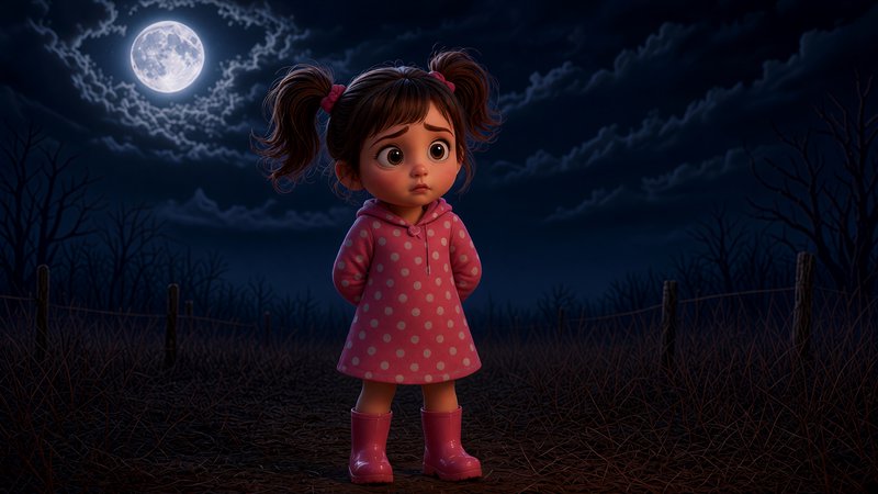 An anxious cartoon little girl stands alone in a rural field under a bright full moon at night