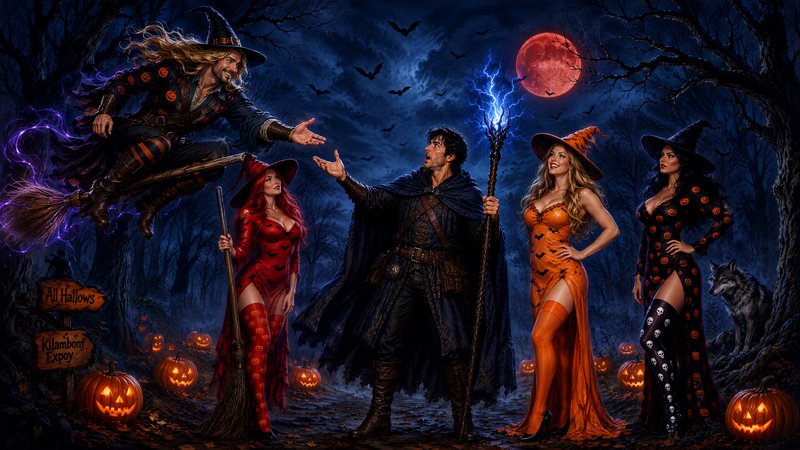 Group of Halloween costumed witches and warlocks gather in a spooky forest under a glowing red blood moon