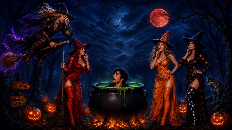 Group of costumed Halloween witches gather around a bubbling cauldron holding a man beneath a red...