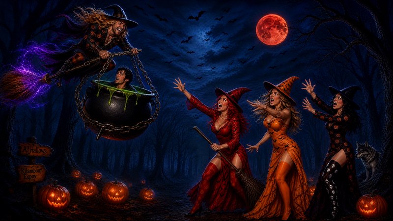 Flying male witch carries a chained cauldron holding a man, as three shocked witches react in a Halloween forest under a red