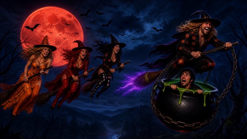 Witches and a grinning warlock fly on brooms, a terrified man trapped in a slime-filled cauldron under a glowing red blood
