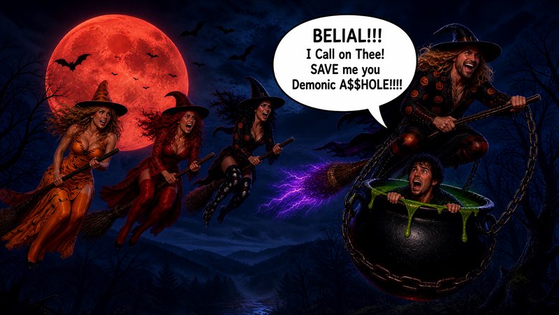 Comical chaotic Halloween scene where flying angry witches chase a panicking witch towing a cauld...