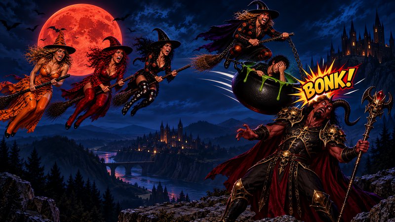 Humorous Halloween scene of flying witches bonking a horned warlock with a cauldron under a red b...