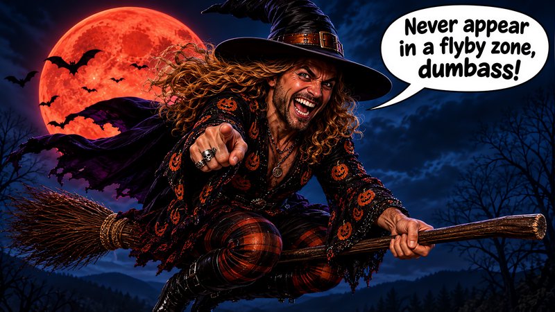 Snarky male witch riding a broomstick points at the viewer under a glowing red Halloween blood moon