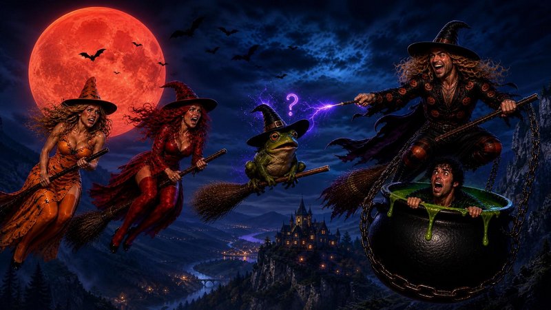 Whimsical broom-riding Halloween characters soar under a red blood moon, with a panicked man trapped in a slime cauldron.