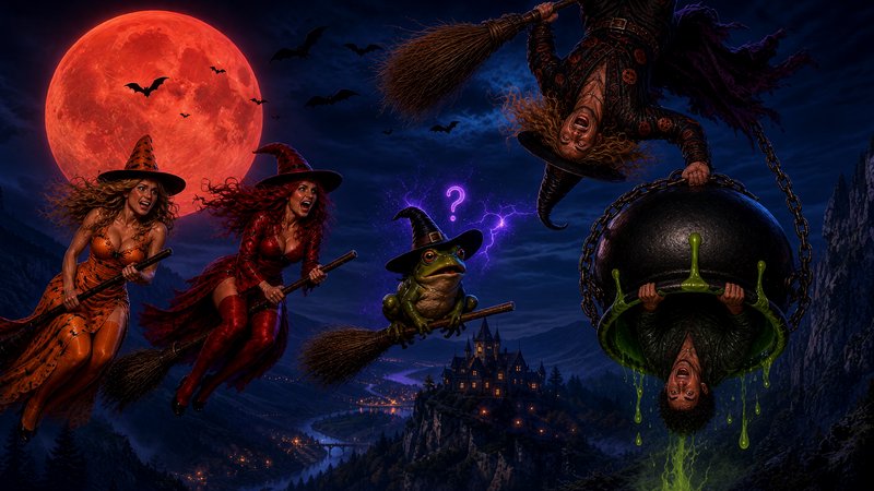 Comical Halloween scene of flying witches, a frog witch, and a prank gone wrong under a glowing r...