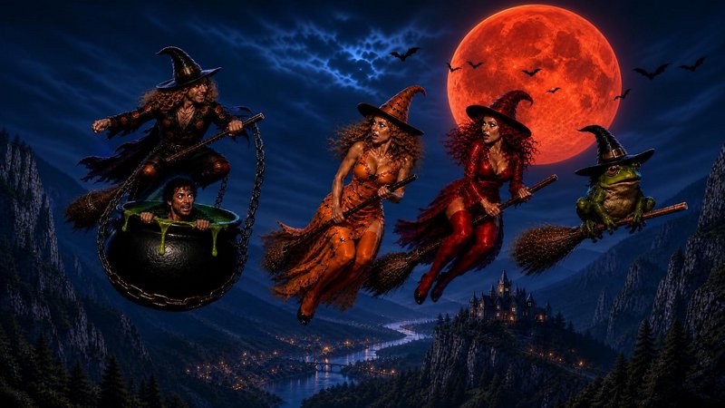 Broom-riding witches, a frog in a witch hat, and a man in a cauldron fly under a red blood moon over a mountain valley