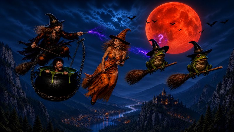 Witches, a man trapped in a slime cauldron, and frog witches fly on brooms under a glowing red bl...