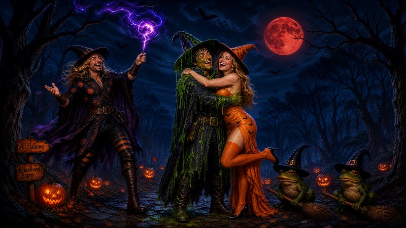 Playful costumed Halloween group gathers in a spooky forest under a glowing red blood moon