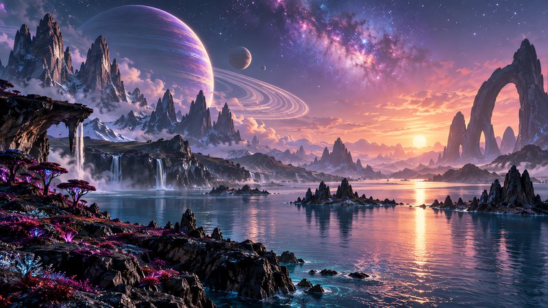 Surreal alien planet sunset landscape with ringed gas giant, cascading waterfalls, and glowing nebula sky