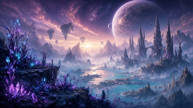 Otherworldly alien landscape with glowing crystal flora, floating islands, and a giant planet above misty mountain valleys