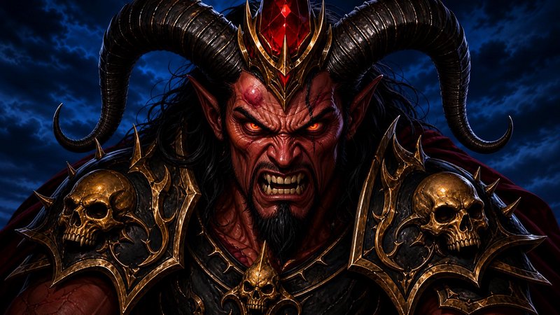 Furious horned demon king with glowing orange eyes and gilded skull armor against a stormy dark sky