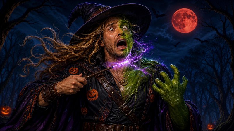 Startled wizard watches his magic wand misfire as he transforms into a green creature under a red blood moon
