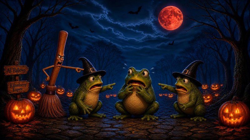 Startled witch hat frogs and an angry animated broom stand in a spooky jack-o'-lantern lit forest...
