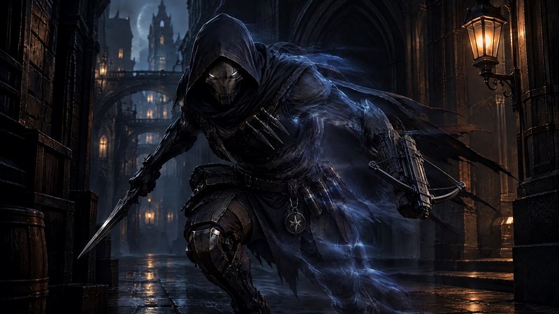 Hooded masked fantasy assassin with dagger and crossbow prowls a moonlit gothic city alley at night