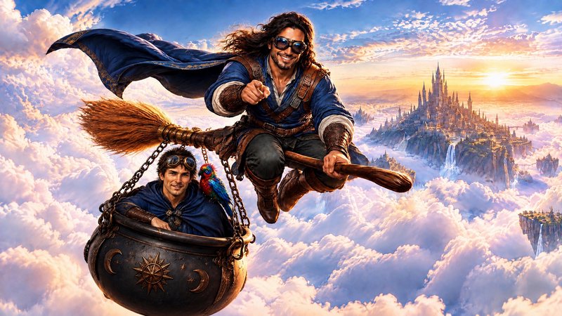 Two fantasy adventurers fly on a magical broom with a cauldron basket high above clouds at golden...