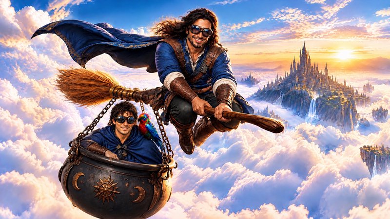 Two goggle-wearing wizards fly on a magic broom with a cauldron basket above clouds near a fantas...
