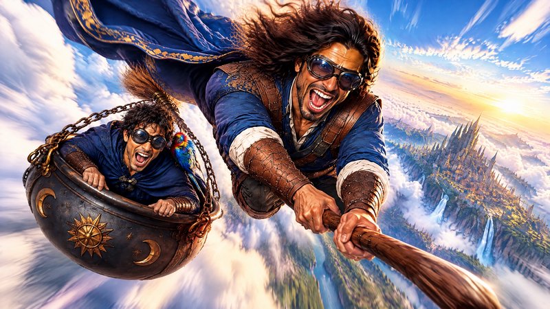 Two goggled excited men fly on a magical broom and enchanted cauldron above a sunlit fantasy clou...