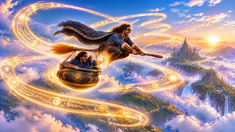 Two joyful wizards fly on a broomstick and hanging cauldron over a floating fantasy realm at gold...