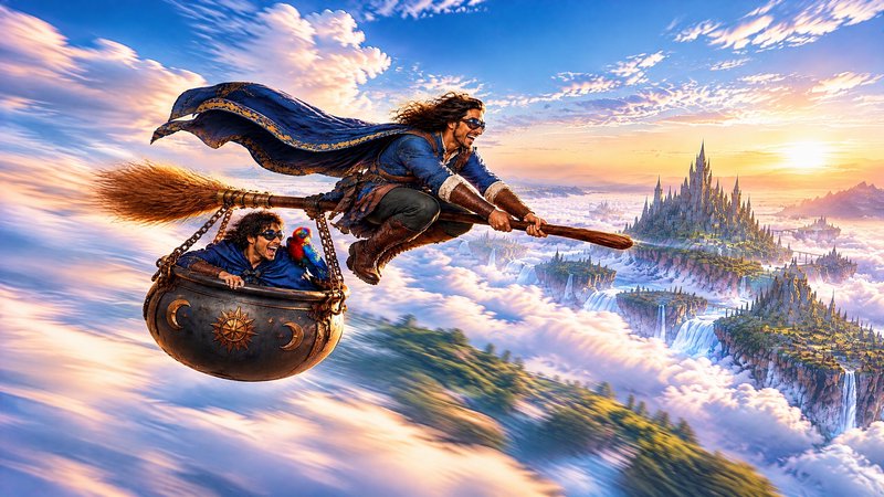 Two laughing adventurers fly on a broomstick, with a companion and parrot riding in a hanging cau...