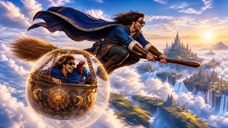 Joyful fantasy adventurers fly on a broomstick and enchanted bubble pod above floating castle isl...