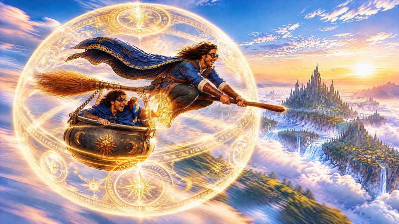 Two joyful wizards fly on a magic broom with a cauldron basket above floating fantasy isles at su...