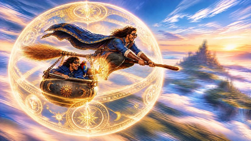 Two joyful wizards fly on a broom with a cauldron passenger pod inside a glowing magic orb above ...