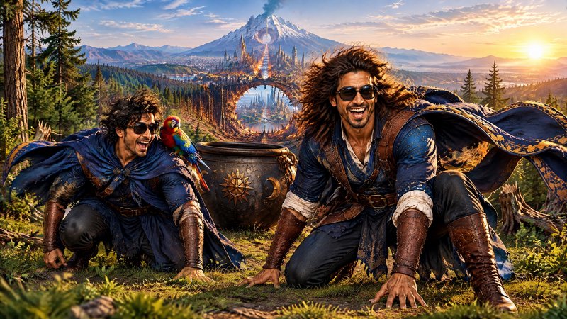Two playful fantasy adventurers with a parrot and magic cauldron overlook a portal to a magical k...