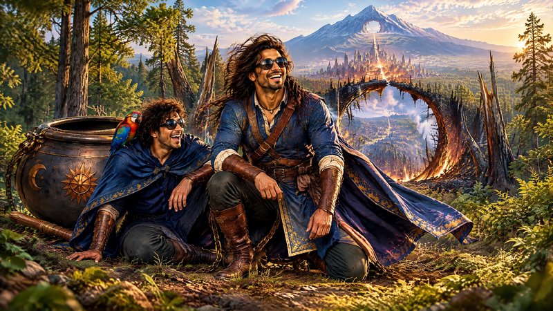 Two robed fantasy adventurers in sunglasses laugh beside a giant cauldron in an enchanted forest ...