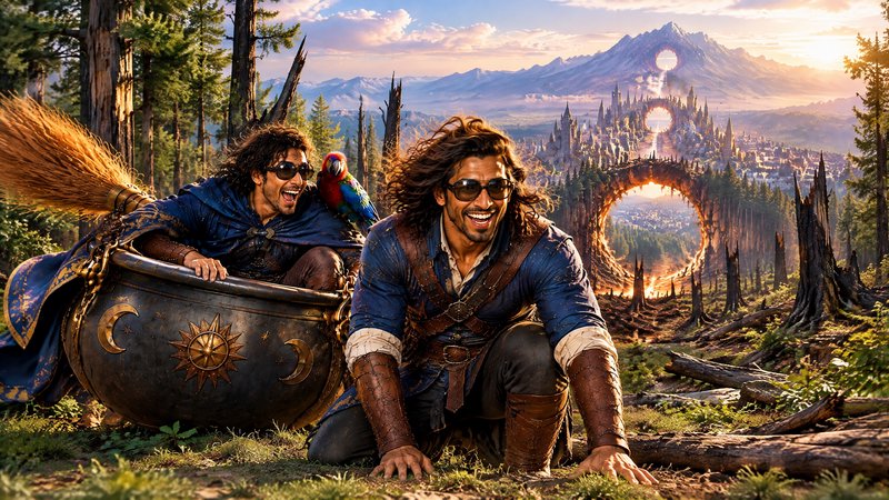Two playful fantasy adventurers, one in a magical flying cauldron, explore a portal-filled fantas...