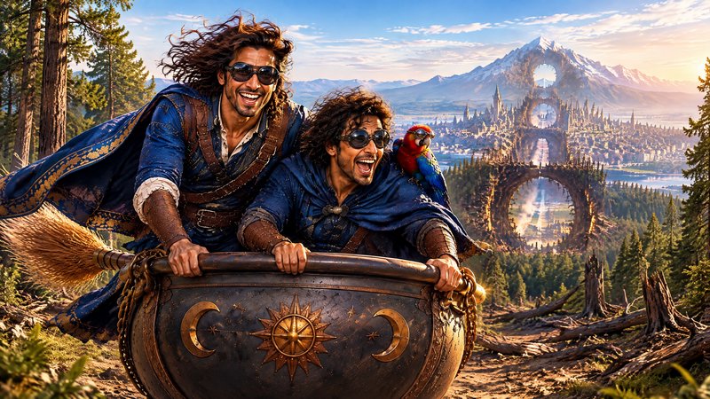 Two joyful goggled fantasy adventurers ride a flying cauldron with a parrot overlooking a magical...