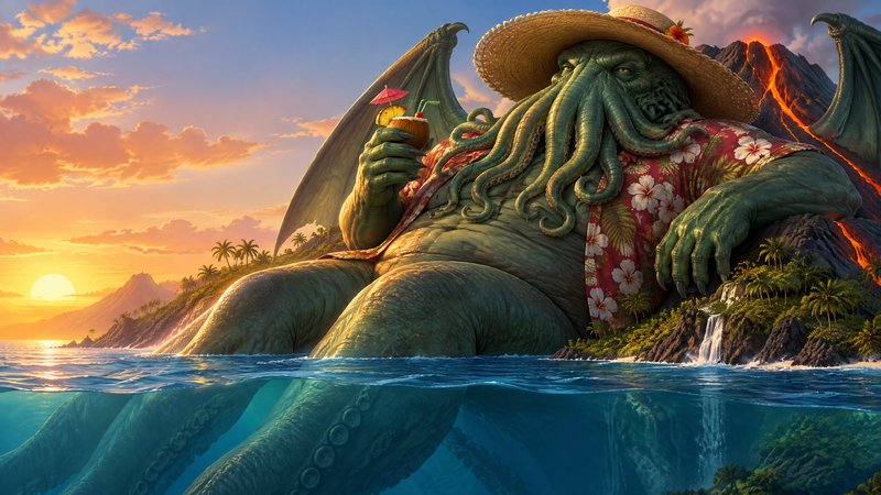 Cthulhu in a straw hat and Hawaiian shirt relaxes half-submerged holding a tropical cocktail at a...