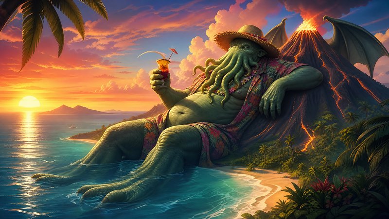 Cthulhu in vacation attire relaxes on a tropical beach holding a cocktail as a volcano erupts beh...