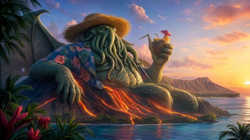 Cthulhu wearing a straw hat and Hawaiian shirt relaxes on a tropical volcano holding a tiki cockt...