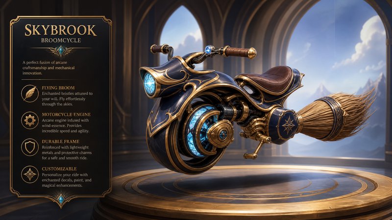 Fantasy steampunk Skybrook Broomcycle hybrid flying mount displayed on a gilded tower plinth