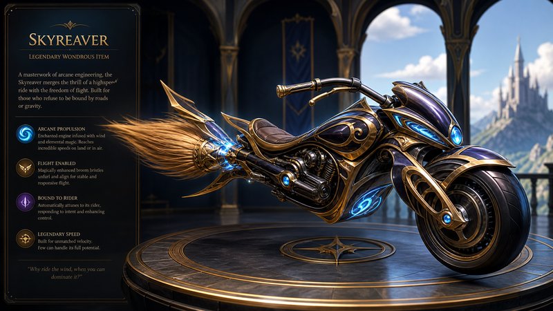 Legendary Skyreaver enchanted flying broom motorcycle displayed on a magical castle display pedestal