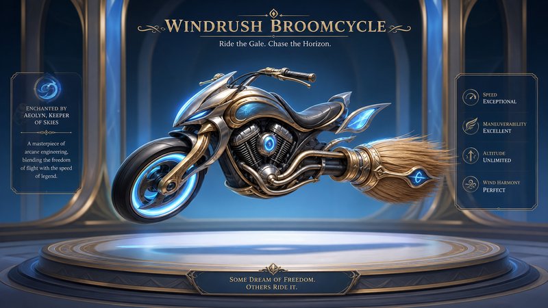 Windrush Broomcycle magical flying motorcycle broom hybrid on a fantasy game item showcase