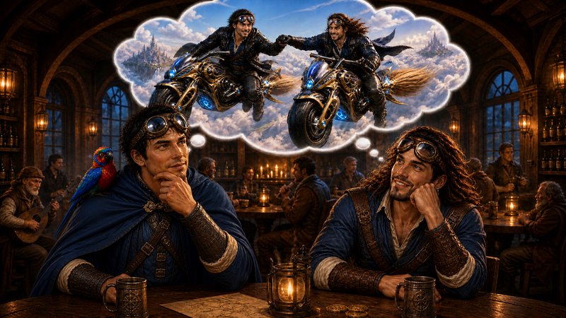 Two steampunk adventurers sit in a candlelit tavern daydreaming of riding flying magical broom-mo...