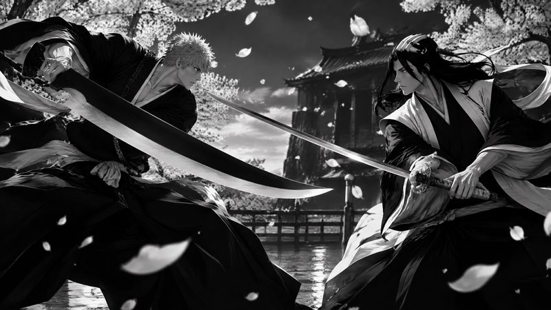 Two anime swordsmen clash mid-battle under falling cherry blossom petals outside a traditional Japanese manor